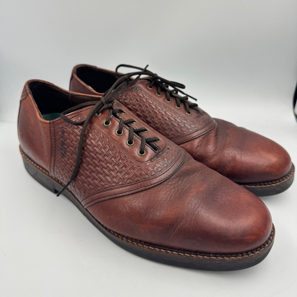 H.S. Trask Oxford Men 12 W Brown Bison Leather Woven Saddle Shoes‎ 4065